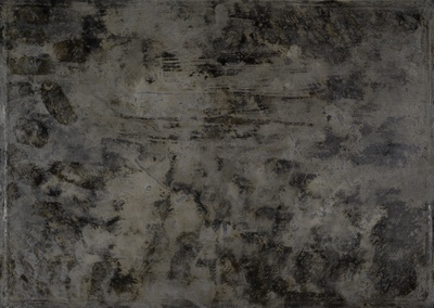 »1. Versuch: die Moderne taugt nicht zwingend zur Verbesserung der Welt «, 2012 
Asche, Ölfarbe und Asphaltlack auf Papier | 124 x 175 cm