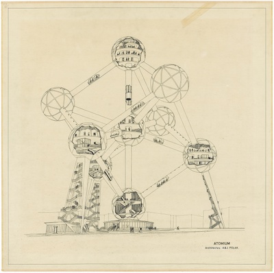 Expo 58 Atomium, interior of spheres and connecting escalators. André&Jean Polak