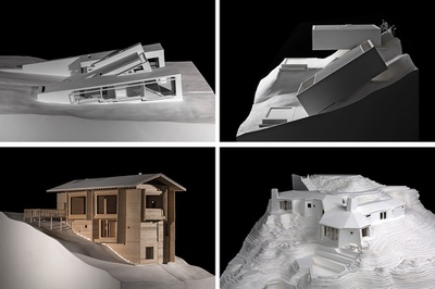 Vier der in der Ausstellung gezeigten Modelle von Häusern von Jean Nouvel, Eduardo Souto de Moura, Peter Zumthor und Alberto Ponis