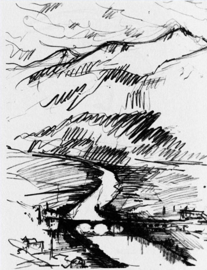 Skizze der Viaduktbrücke über den Inn von Alvar Aalto, der offensichtlich 1924 Innsbruck besucht hat. [Nachtrag Rainer Köberl 2023: Das "offensichtlich" bestätigte sich mir inzwischen über ein Instagram-Posting und eine Publikation. Daraus geht hervor, dass Alvar und Aino Aalto im Rahmen ihrer Hochzeitsreise nach Italien im Herbst 1924 in Innsbruck waren.]