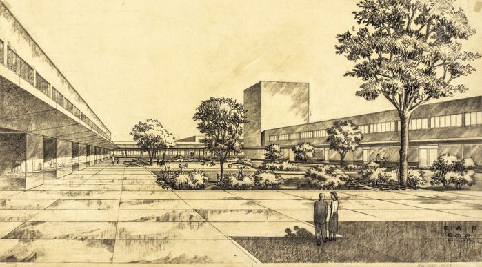 Ernst Plischke im Department of Housing Construction: Community Centre Naenae (Lower Hutt), Perspektive eines Innenhofes mit Geschäften (ca. 1947) – © EAP Nachlass Akademie der bildenden Künste, Wien