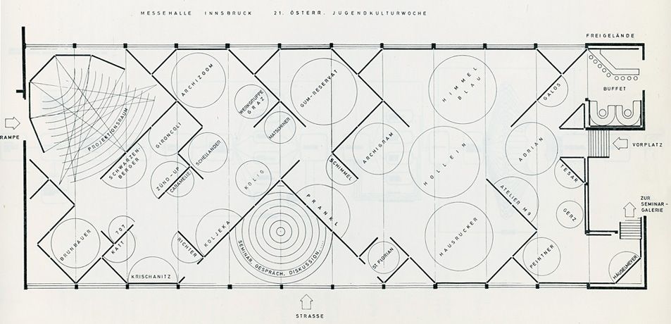 21. Österreichische Jugendkulturwoche Innsbruck,
Stellplan Ausstellungsarchitektur in der Messehalle