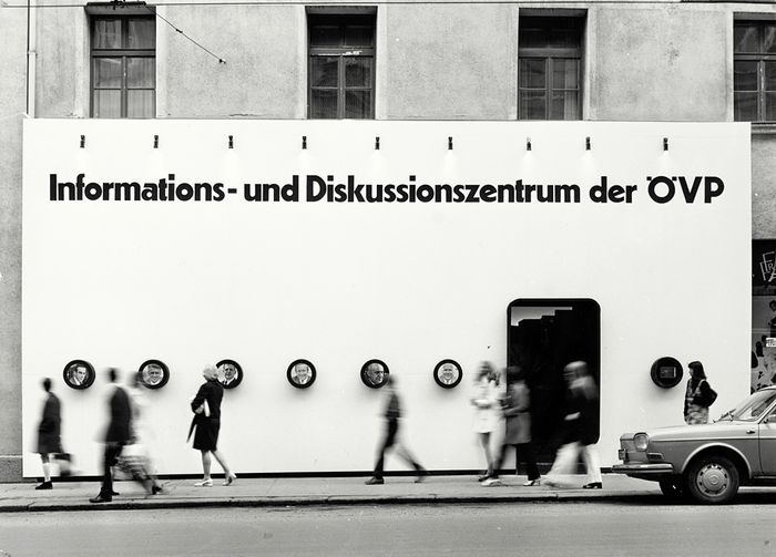 Eon Rainer, Fassade der ÖVP-Wahlkampfzentrale am Bozner Platz in Innsbruck, 1970