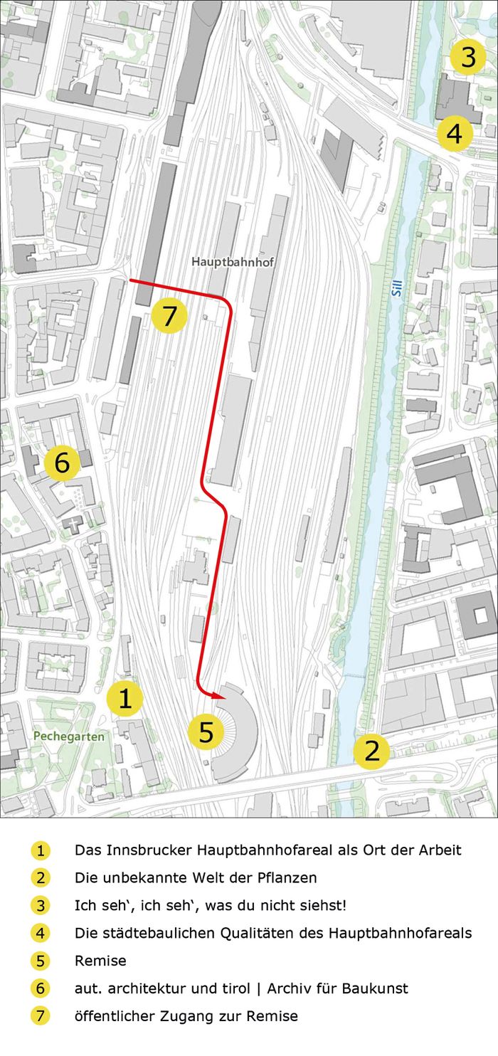 1 – 4 Treffpunkte der Spaziergänge und Führungen,  7 öffentlicher Zugang zur Remise über den Hauptbahnhof (rot gekennzeichnet)
