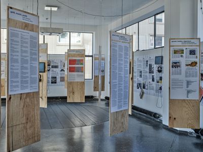 Blick in die Ausstellung im aut mit Schilderwald "geld macht raum"