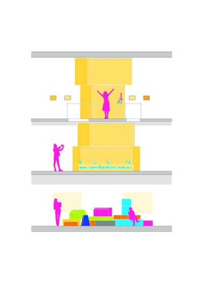 STACK - tower section. the future is collective VERTICAL VILLAGE - section. furniture pieces