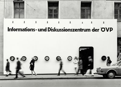 Eon Rainer, Fassade der ÖVP-Wahlkampfzentrale am Bozner Platz in Innsbruck, 1970